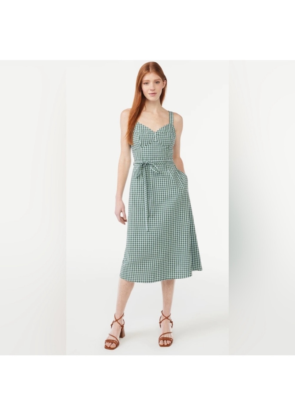 Free Assembly Green Gingham Sleeveless Dress with Tie Waist -L
